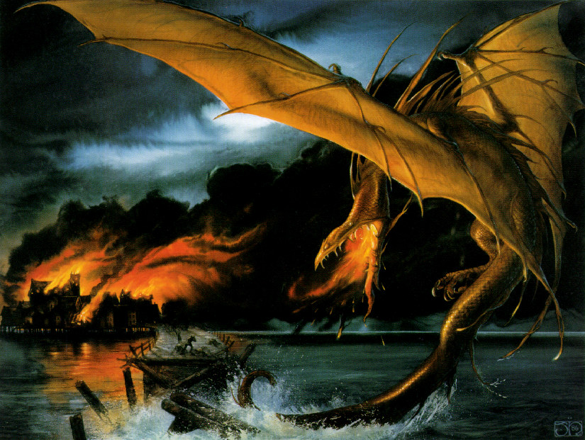 Smaug destroys Lake-town (John Howe)